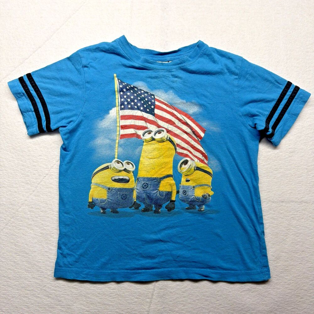 Vintage Y2K Despicable Me Minions American Flag Teal T-Shirt Boys Small